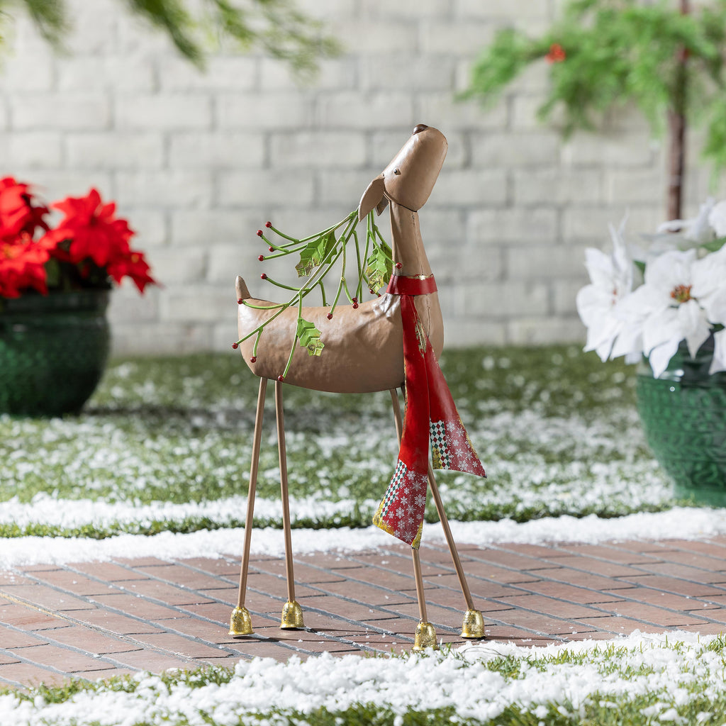 22" Poinsettia Reindeer Garden Christmas Statue with Red Scarf – Decorative Christmas Yard & Home Décor