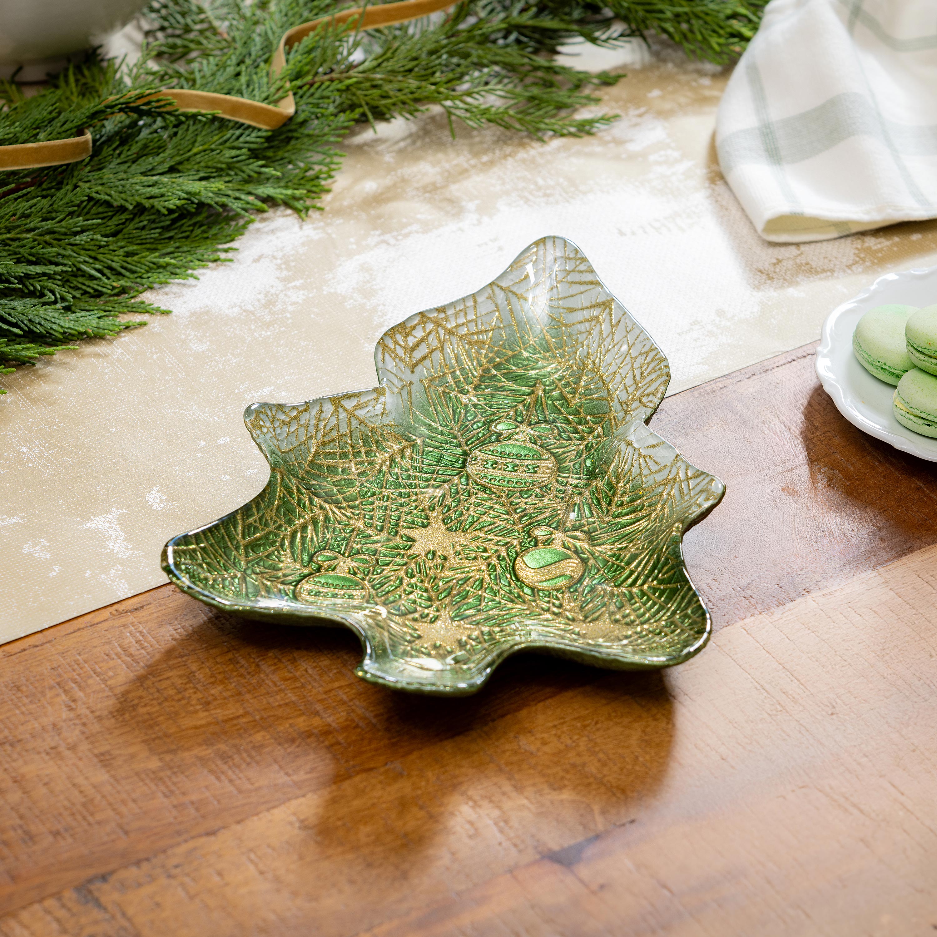 8.5"x 12" Green Glass Christmas Tree Serving Tray – Festive Holiday Tableware & Decorative Plate