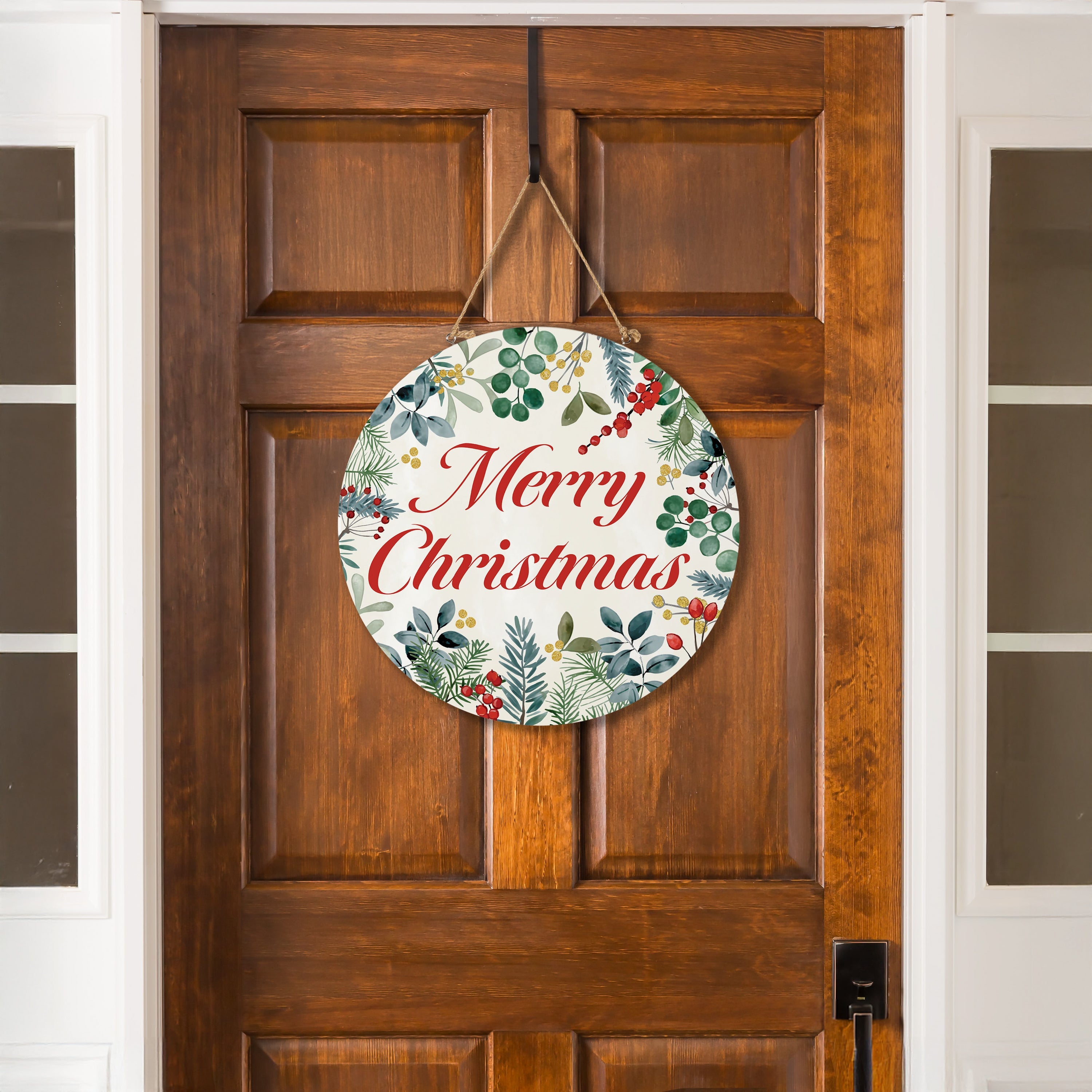 18" “Merry Christmas” Wooden Door Sign –  Festive Foliage Holiday Welcome Décor