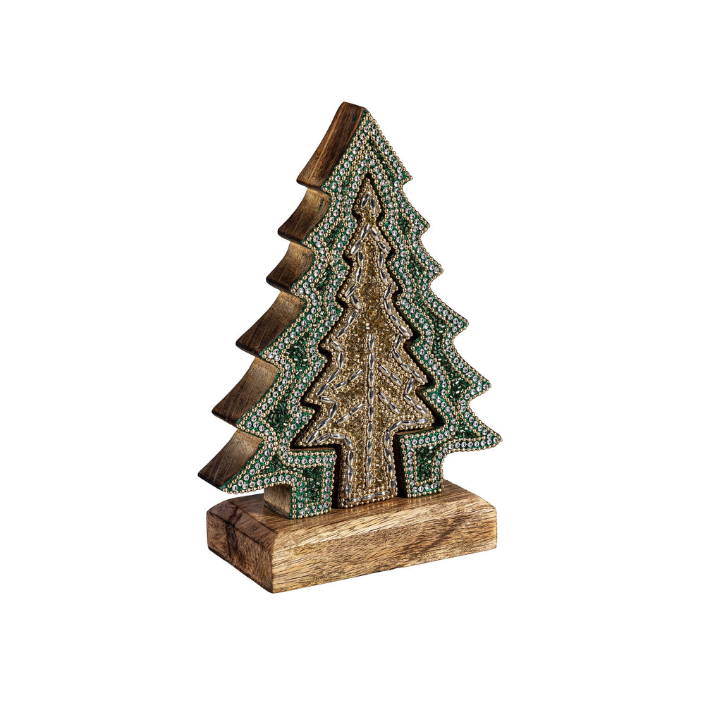 8" Wooden Bead Christmas Tree Decoration – Green Tabletop Holiday Décor for Home & Office