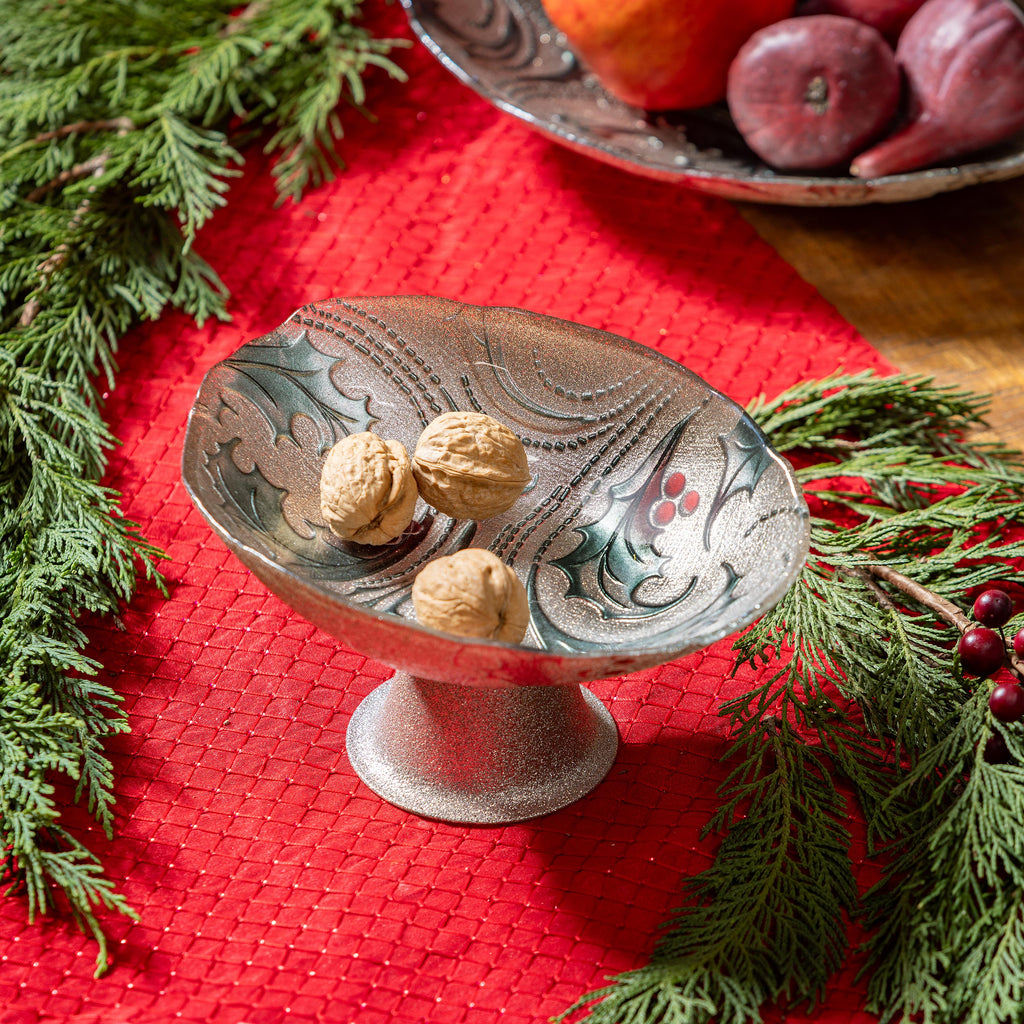 8.25" Festive Traditions Holly & Berry Glass Bowl – Footed Christmas Serving Dish for Holiday Table Décor