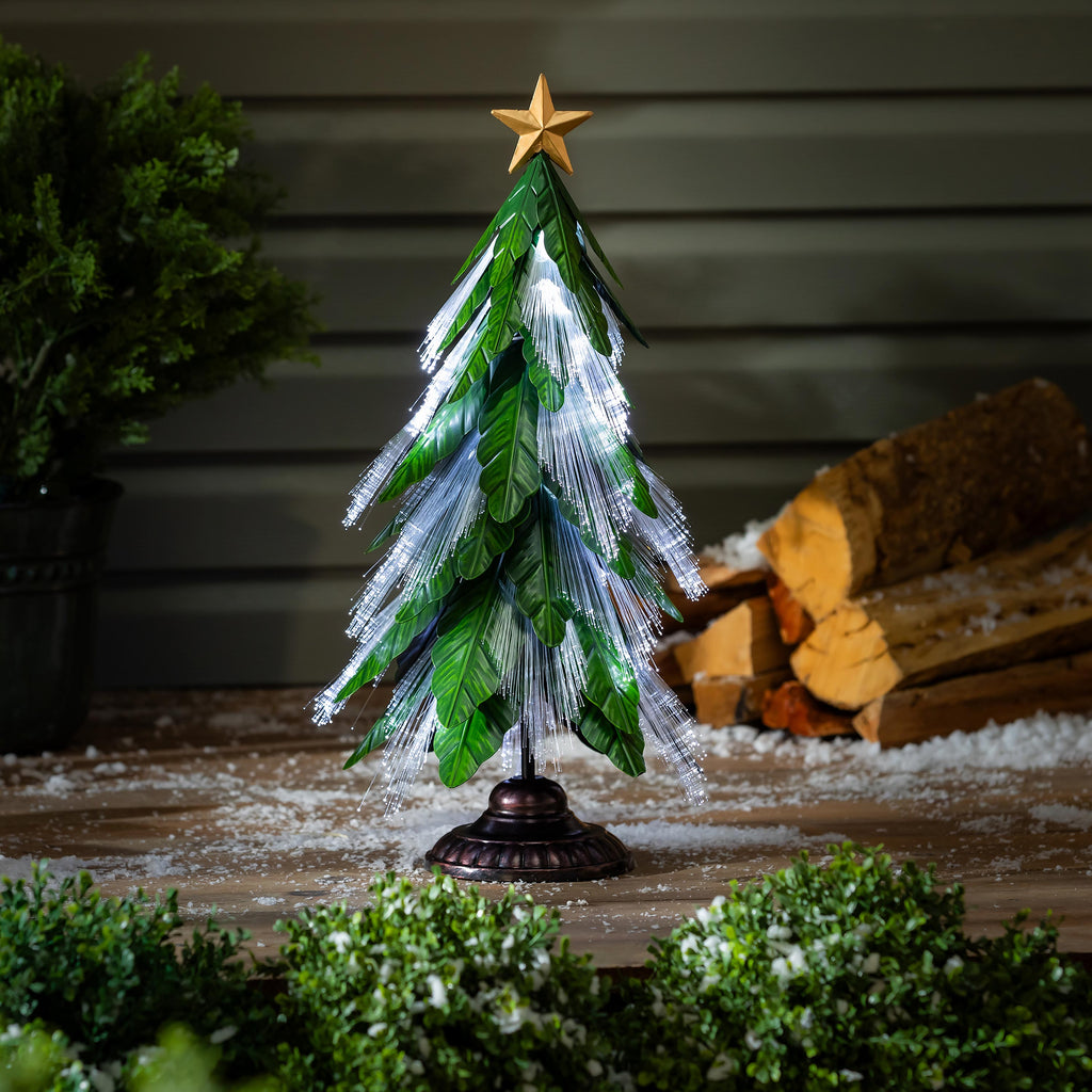 23" LED Fiber Optic Metal Christmas Tree Statue – Green Elements Lighted Garden Decoration for Indoor & Outdoor Use