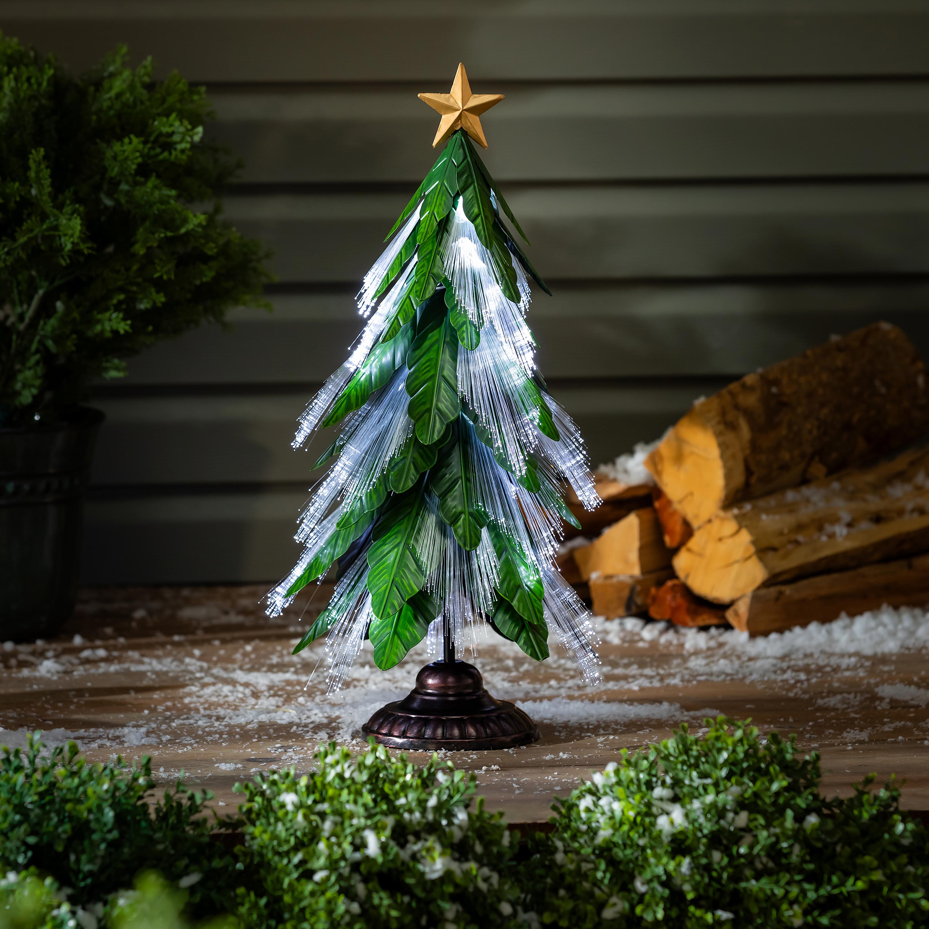 23" LED Fiber Optic Metal Christmas Tree Statue – Green Elements Lighted Garden Decoration for Indoor & Outdoor Use
