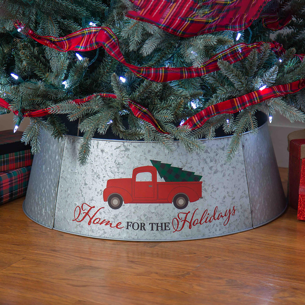 Vintage Metal Christmas Tree Collar – Farmhouse Red Truck Design for Rustic Holiday Décor