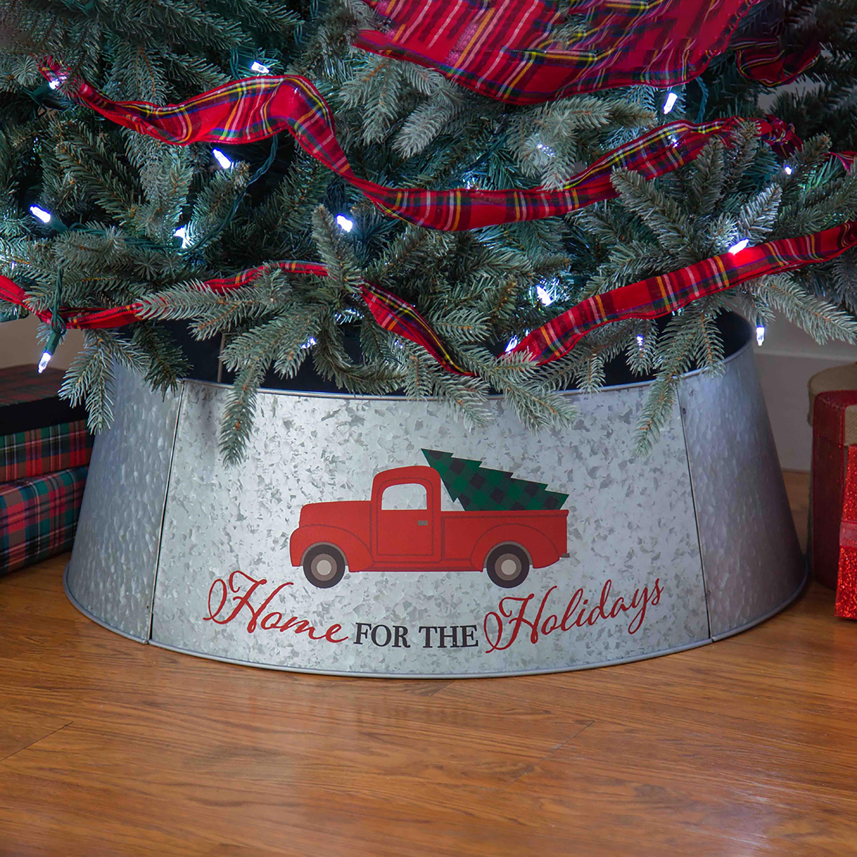 Vintage Metal Christmas Tree Collar – Farmhouse Red Truck Design for Rustic Holiday Décor