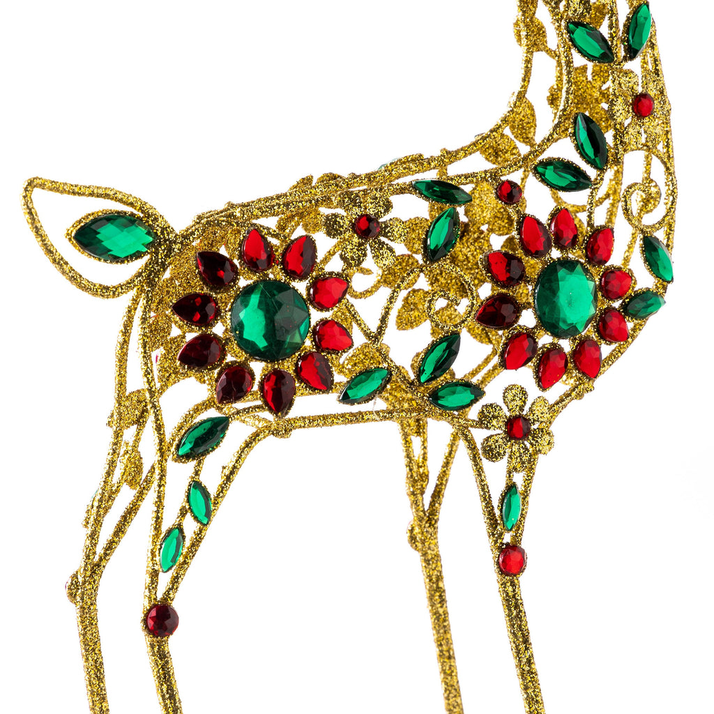 17" Gold Jeweled Reindeer Christmas Table Statue – Elegant Holiday Centerpiece Decoration