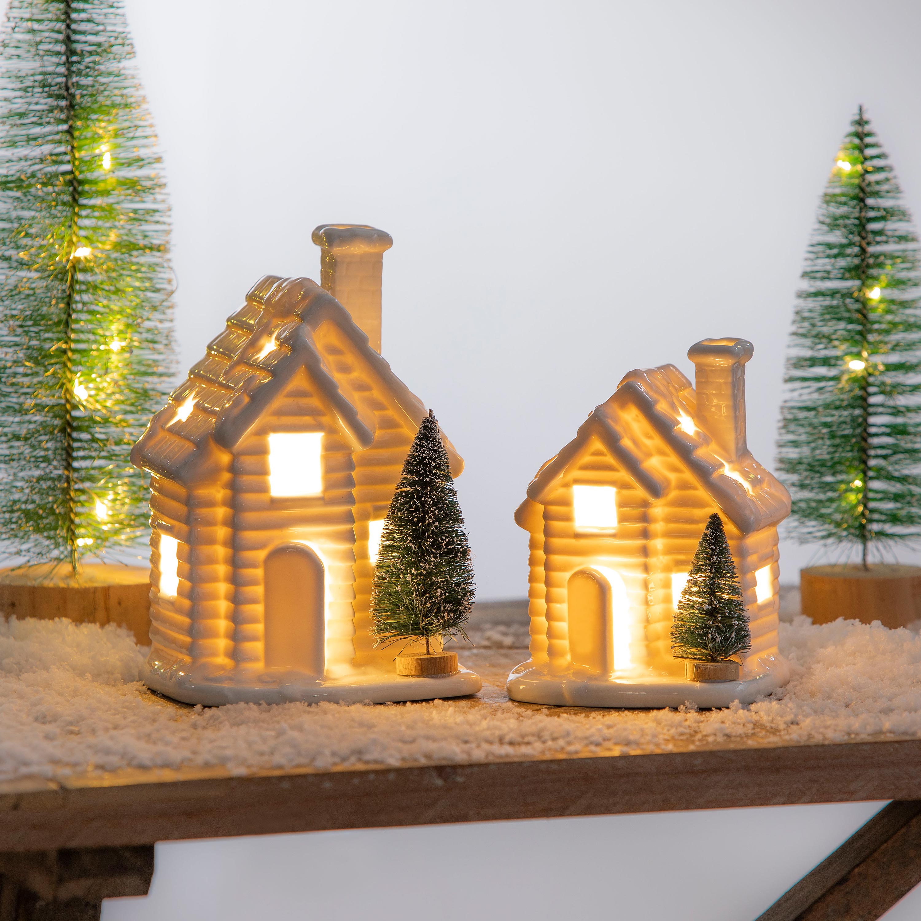 Set of 2 Light-Up Christmas Houses with Bottle Brush Trees – Modern Holiday Tabletop Decorations