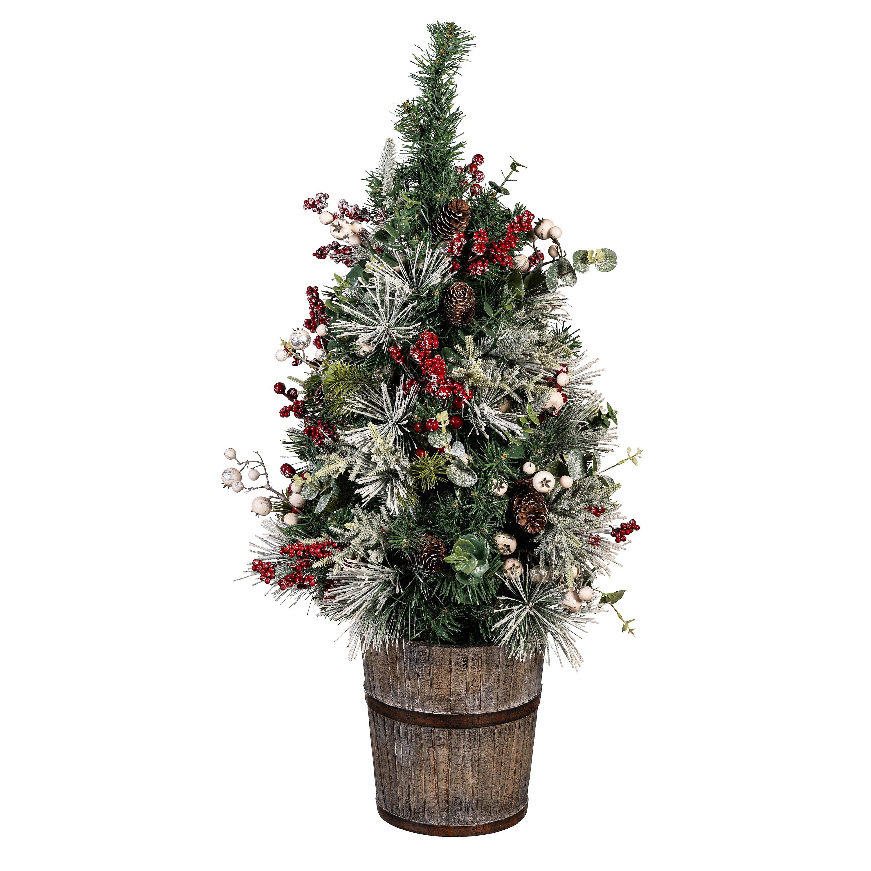 32" Woodland LED Potted Christmas Tree – Frosted Holly Lighted Holiday Decoration for Indoor & Outdoor Use