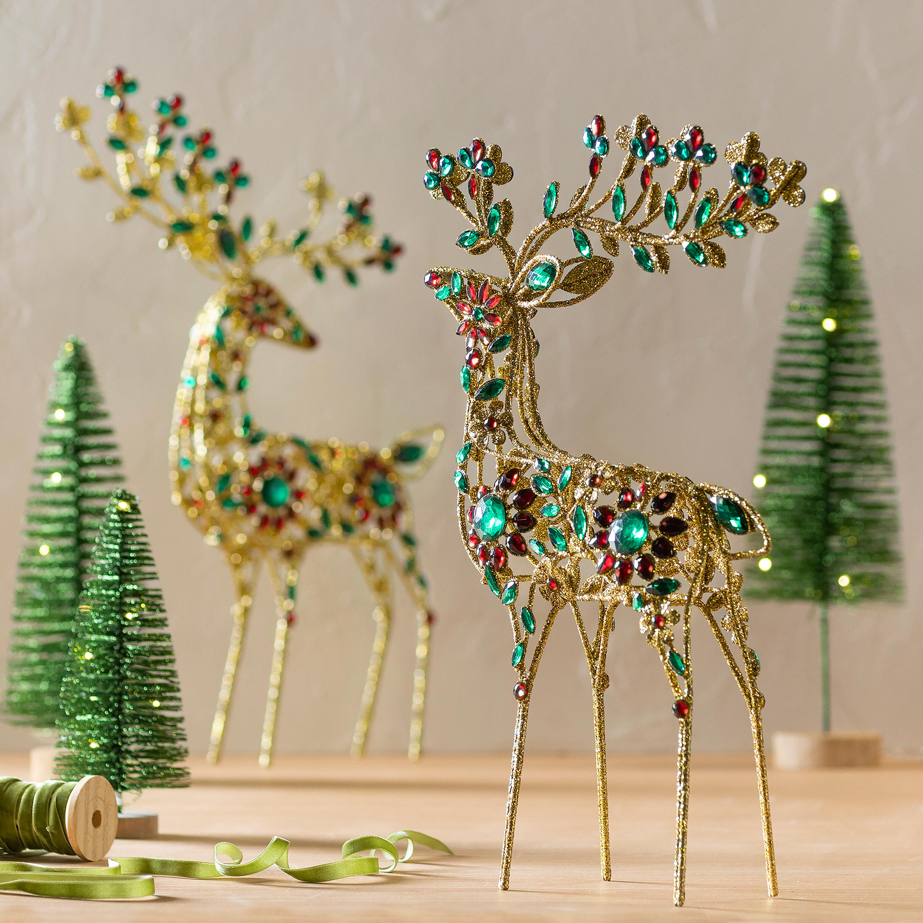 18" Golden Reindeer Christmas Statue with Sparkling Jewels – Elegant Holiday Home Decoration