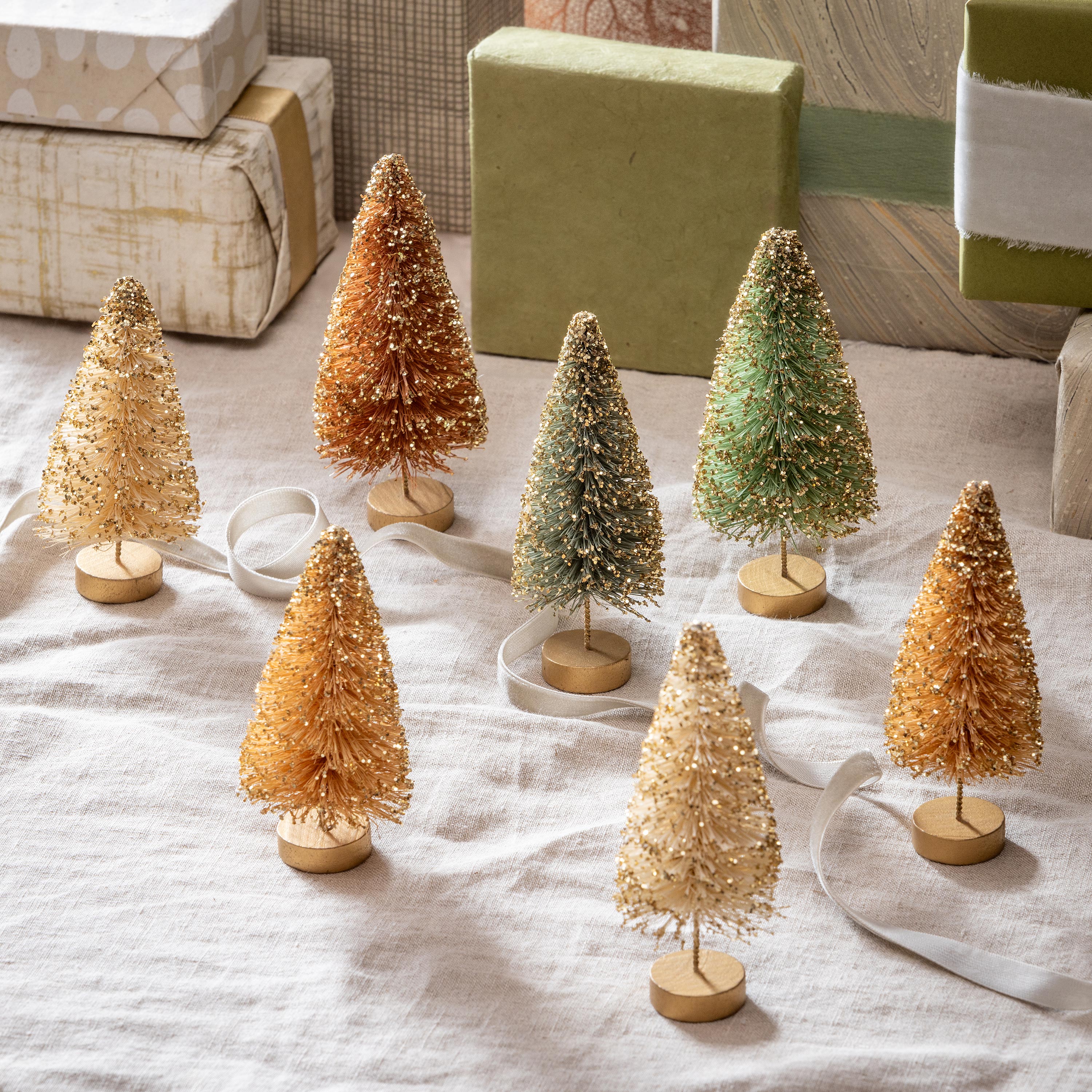 Set of Green Bottle Brush Christmas Trees – Holiday Tabletop Décor in Assorted Shades of Green