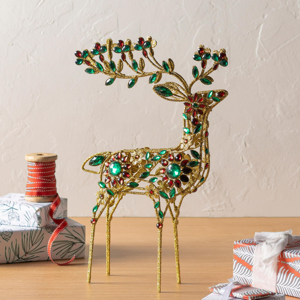 17" Gold Jeweled Reindeer Christmas Table Statue – Elegant Holiday Centerpiece Decoration
