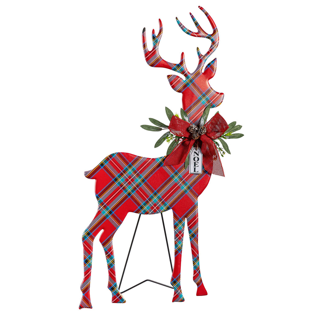 Set of 2 Metal Poinsettia Reindeer Garden Christmas Statues – 32" Lighted Christmas Yard Decorations