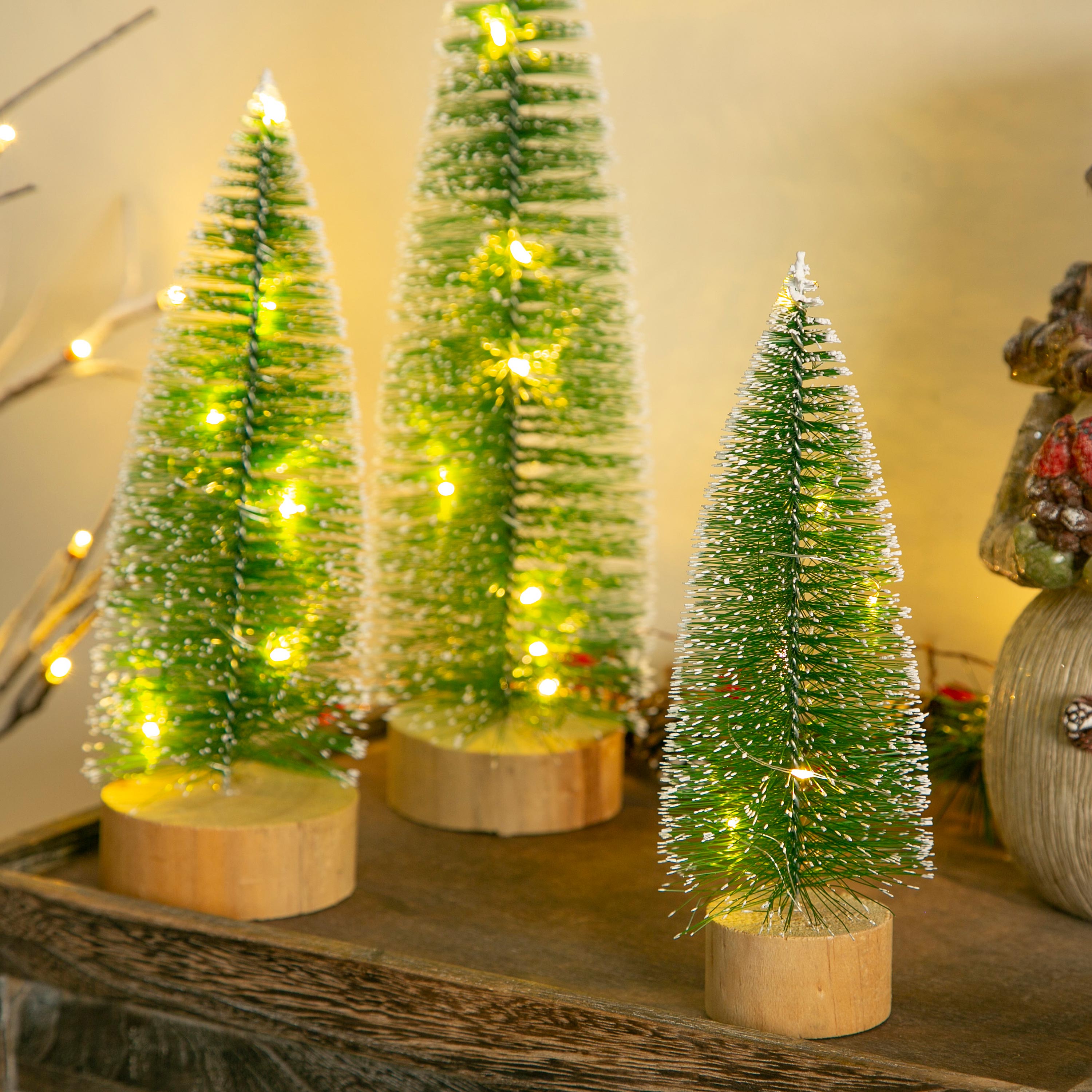 Set of 3 Light-Up Snowy Bottle Brush Christmas Trees – Woodland Tabletop Holiday Decorations