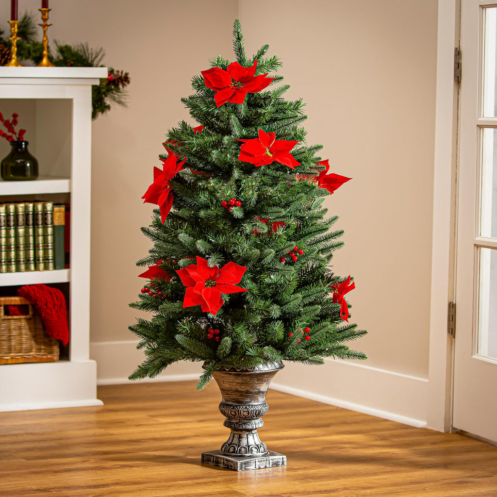 47" LED Artificial Poinsettia Tree – Festive Potted Christmas Decoration for Indoor & Outdoor Use