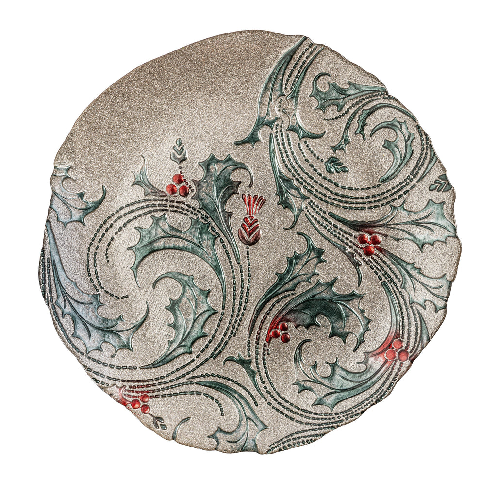 12.5" Joyful Traditions Holly Glass  Christmas Serving Plate – Elegant Christmas Tableware for Holiday Entertaining