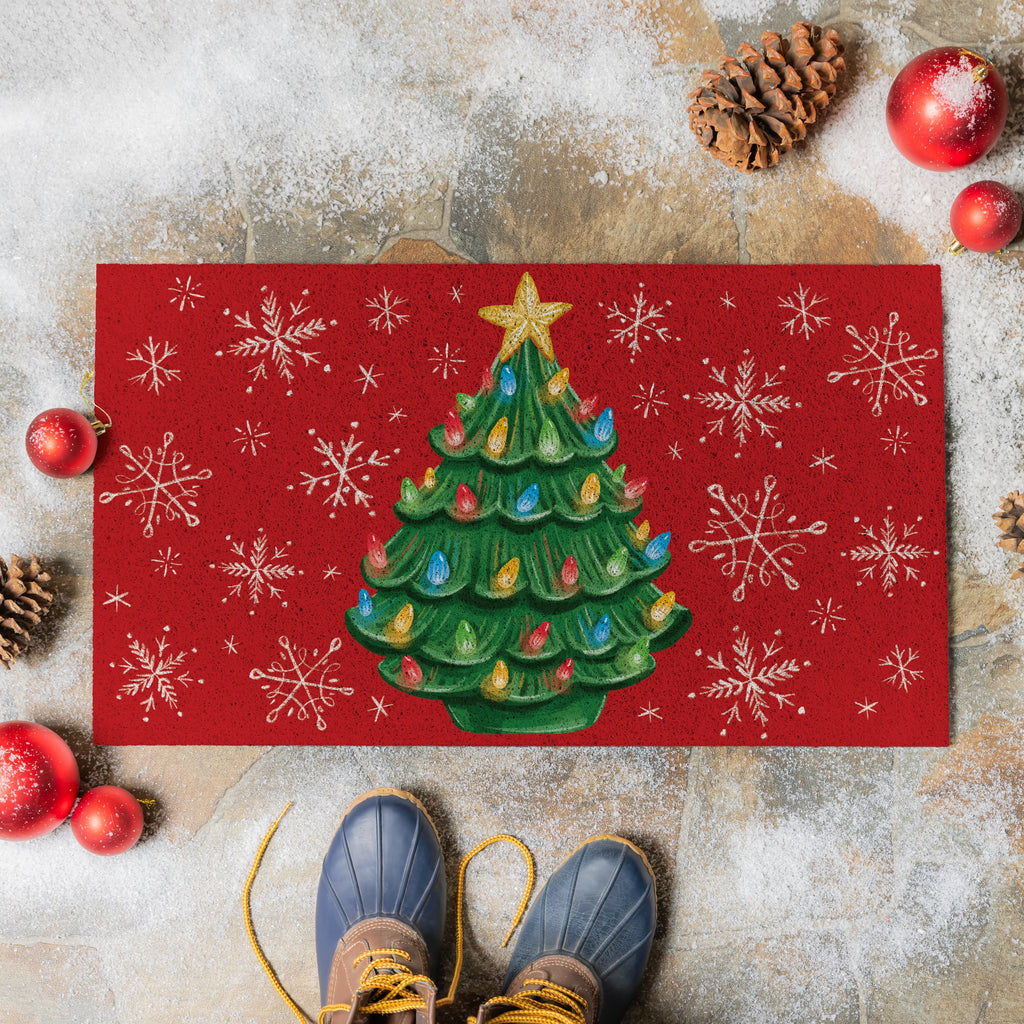 28"x16" Joyful Traditions Christmas Tree Mat – PVC Holiday Trapper Welcome Mat for Festive Entryways