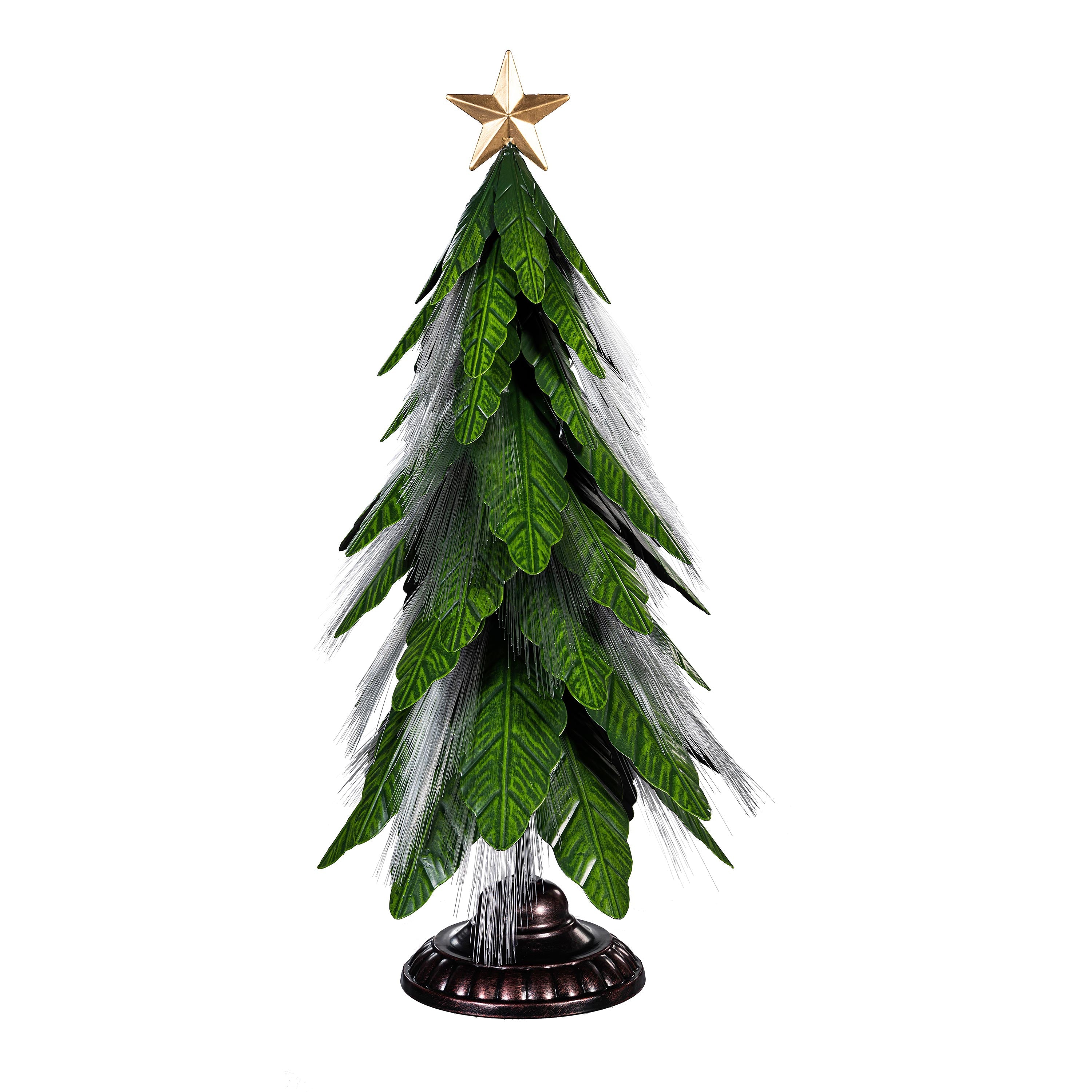 23" LED Fiber Optic Metal Christmas Tree Statue – Green Elements Lighted Garden Decoration for Indoor & Outdoor Use