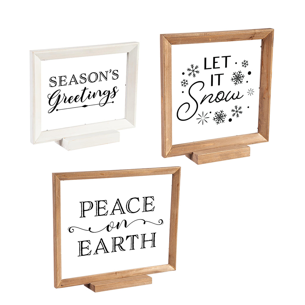 Set of 3 Wooden Christmas Signs – “Merry Christmas,” “Peace on Earth,” and “Let It Snow” Holiday Decorations