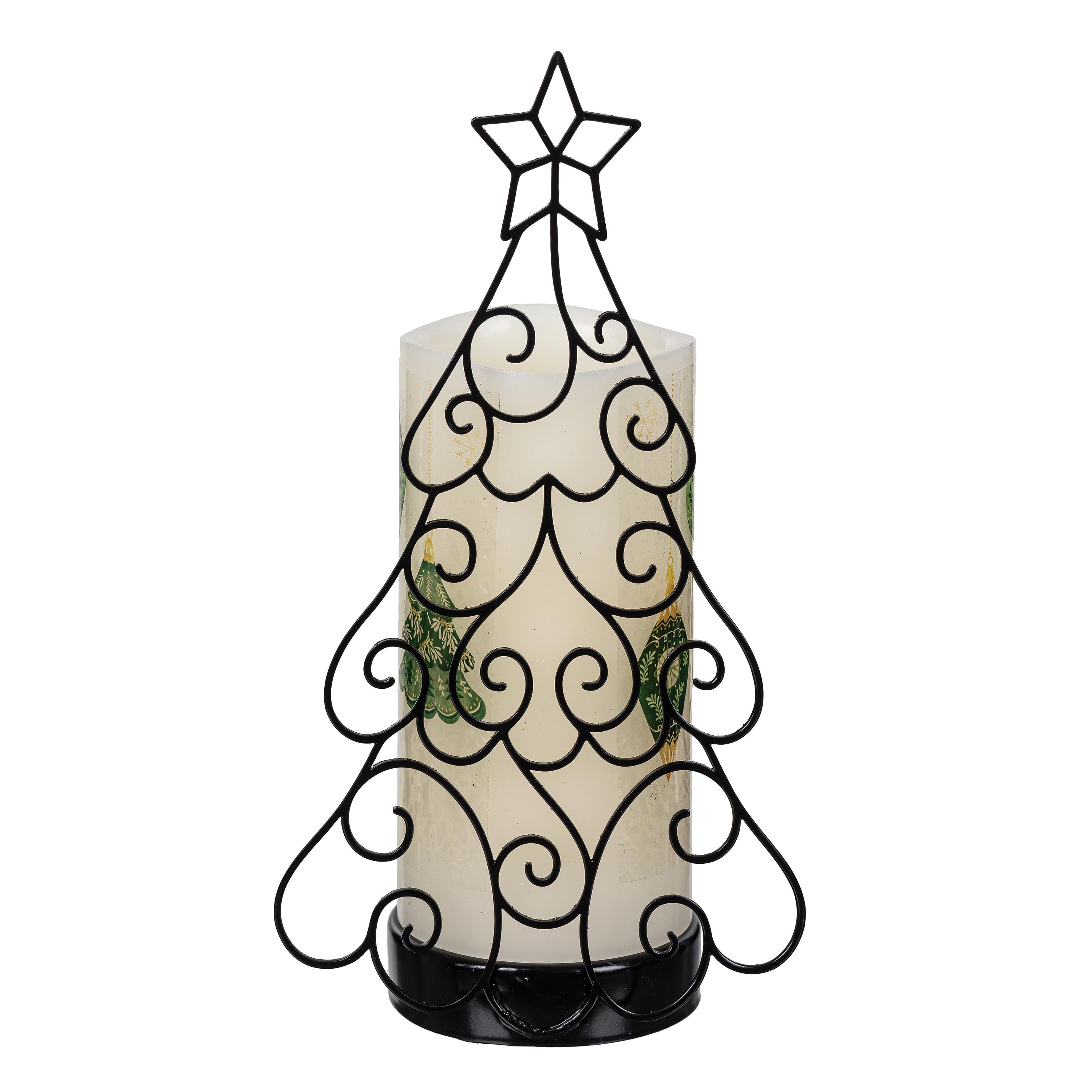 Green LED Candle with Metal Holder – Realistic Wax Flame Effect Christmas Table Decoration