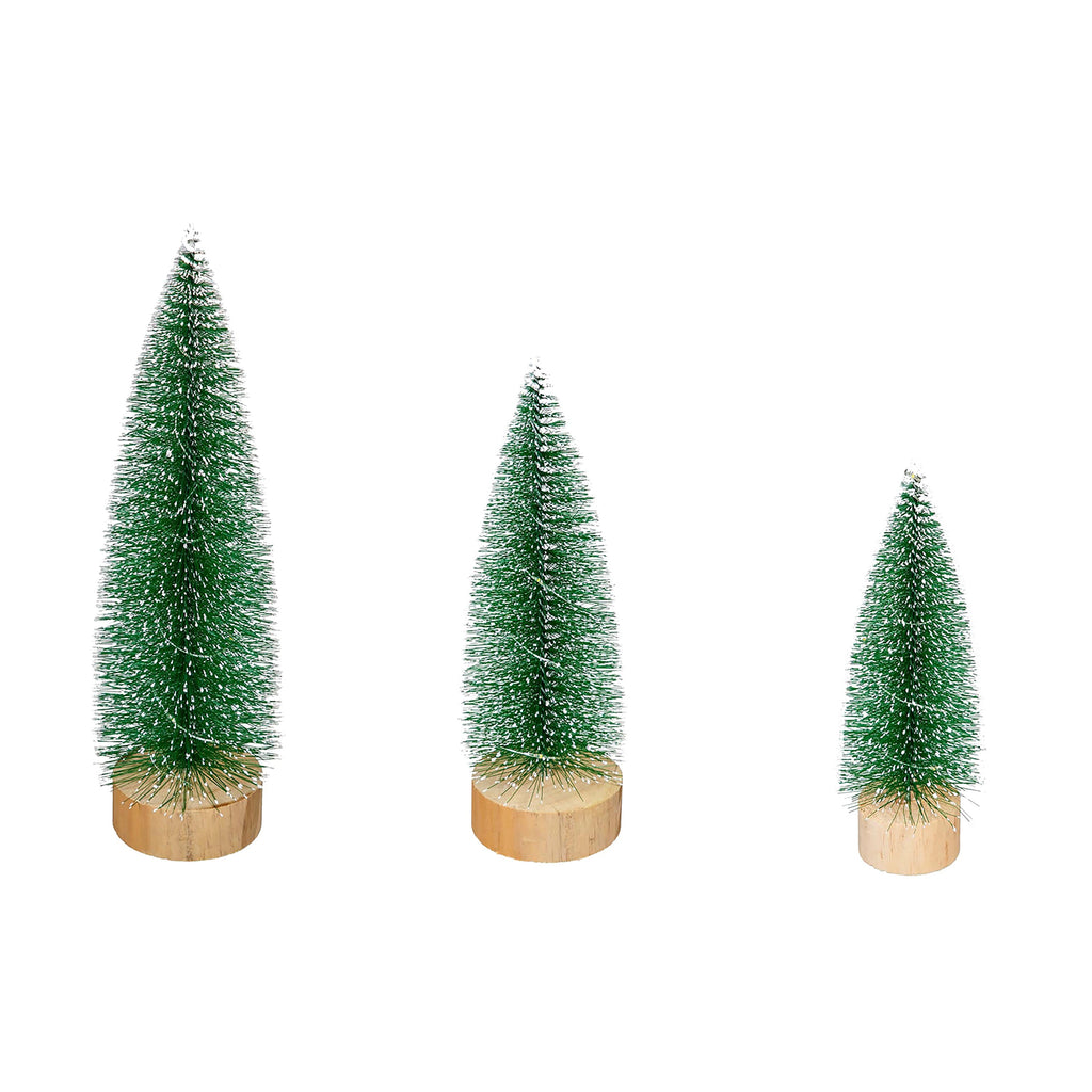Set of 3 Light-Up Snowy Bottle Brush Christmas Trees – Woodland Tabletop Holiday Decorations
