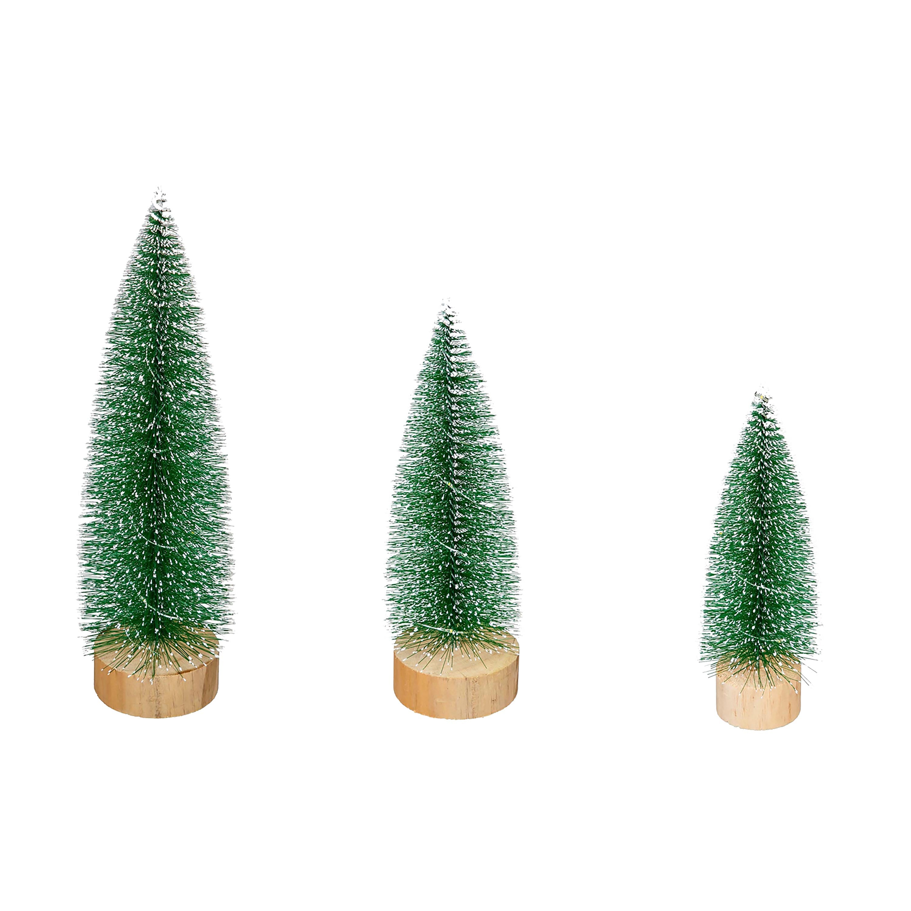 Set of 3 Light-Up Snowy Bottle Brush Christmas Trees – Woodland Tabletop Holiday Decorations