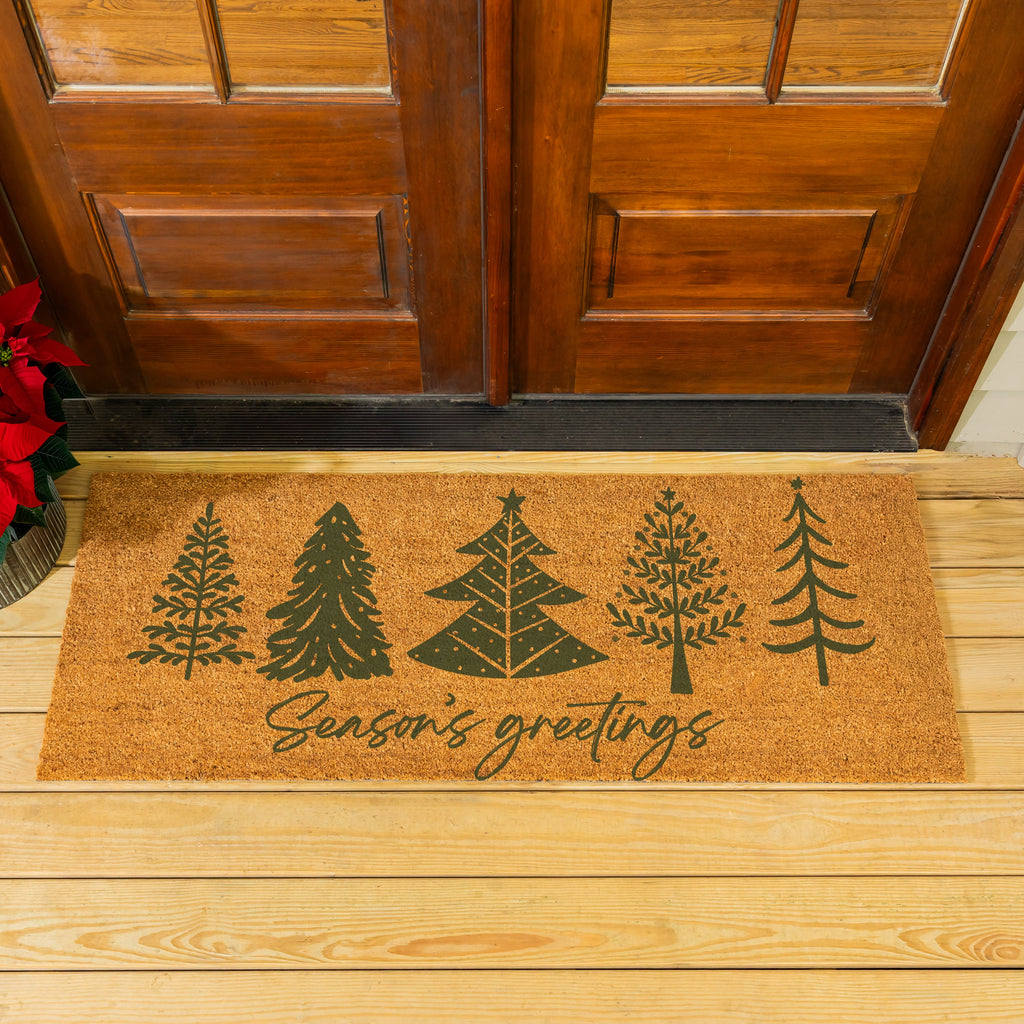 “Seasons Greetings” Christmas Doormat – Green Coir Fiber Holiday Entrance Mat 60"x24