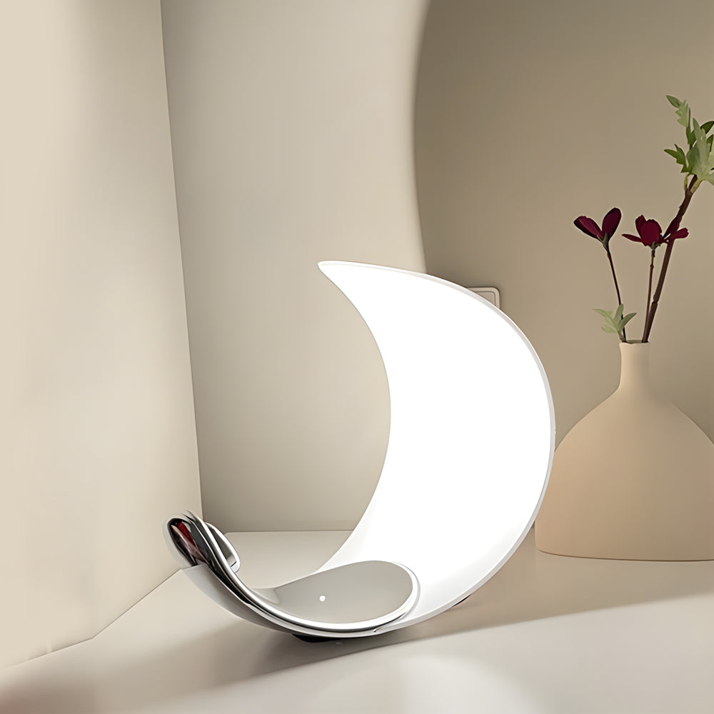 LumiMoon LED Table Lamp – Curved Moon-Shaped Aluminum Light with Touch Dimming