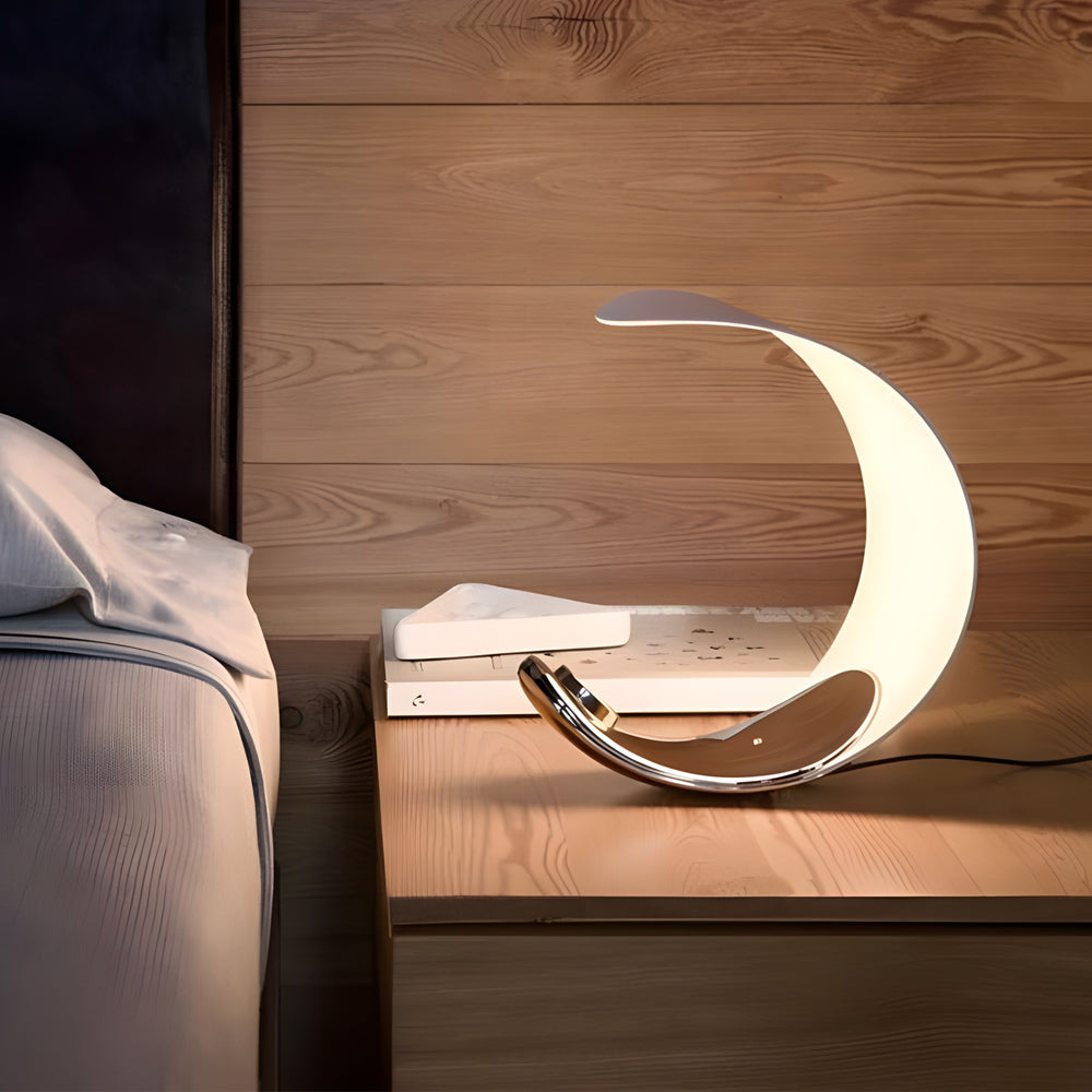 LumiMoon LED Table Lamp – Curved Moon-Shaped Aluminum Light with Touch Dimming