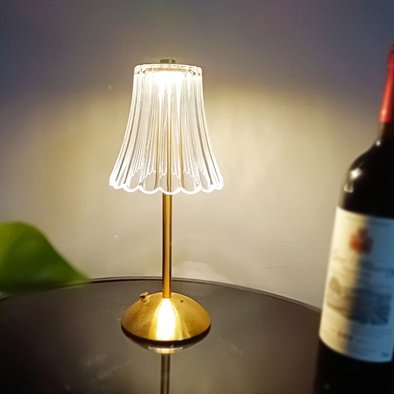 Retro Cylindrical Crystal LED Table Lamp – Rechargeable Touch Sensor Bedside Light with Wave Design for Bedroom Decor
