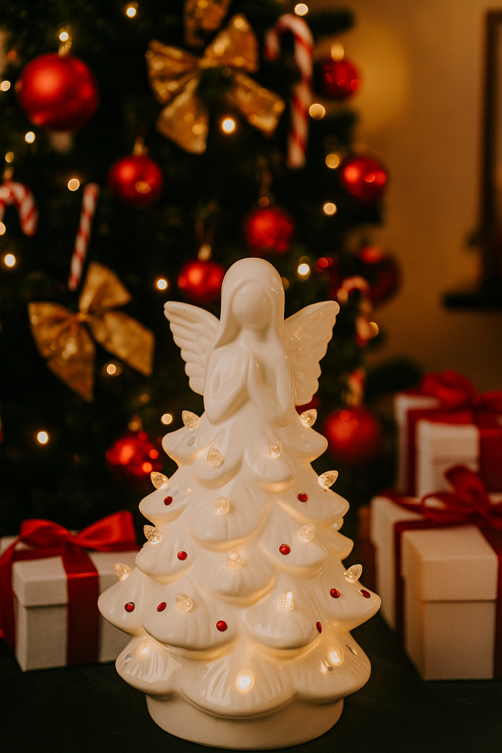 7.25" LED Ceramic Angel & Christmas Tree – Nativity Table Decoration for Holiday Centerpieces