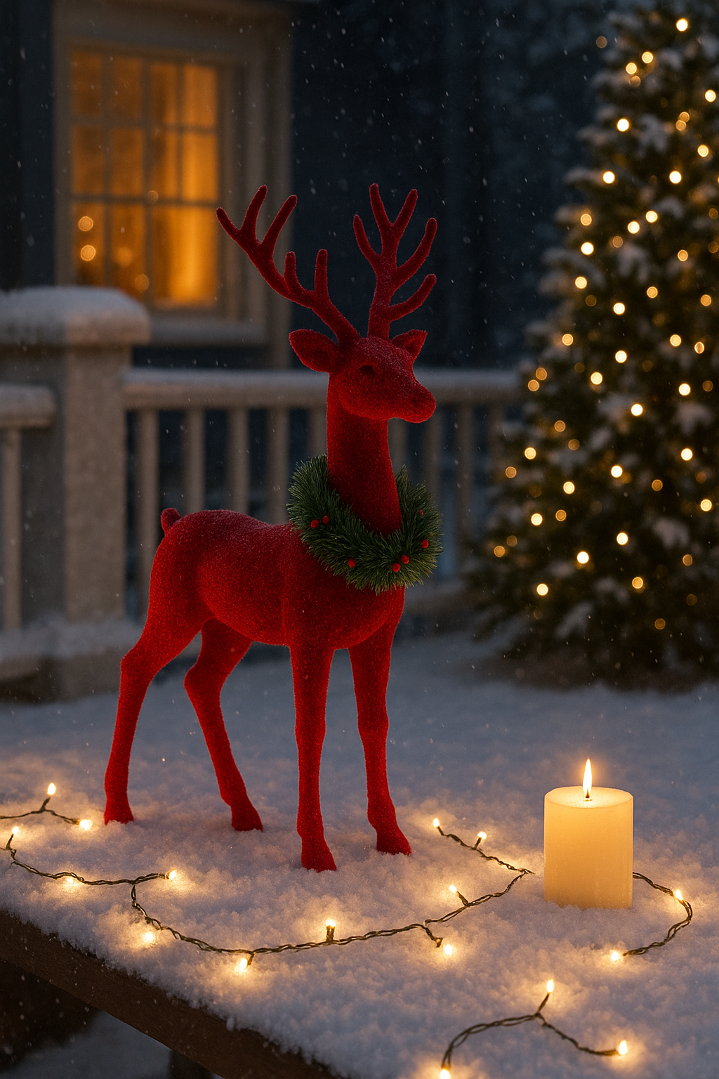 Elegant Red Reindeer Christmas Statue with Wreath – 32-Inch Holiday Decoration for Home or Office