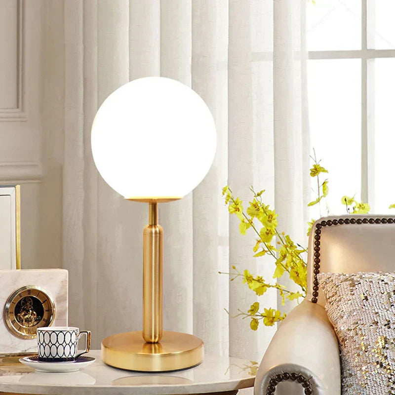 GlowSphere – Brass LED Glass Ball Table Lamp for Stylish Ambient Lighting